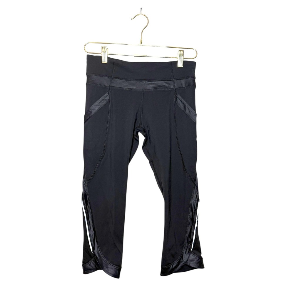 Lululemon Black Running Crop Leggings Pants Womens Size 6 Shiny‎ Trim Athletic